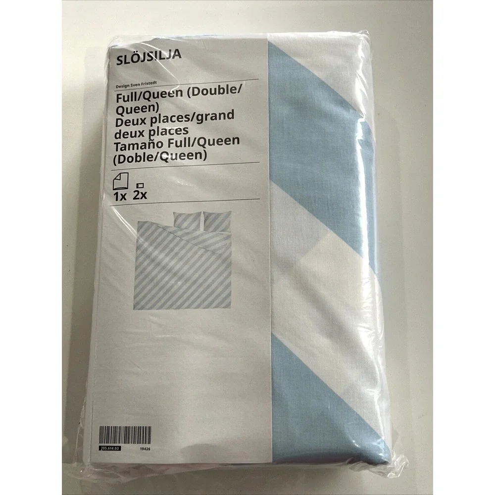 Ikea SLOJSILJA Full Queen Duvet Cover + 2 Pillowcases Light Blue White Stripe